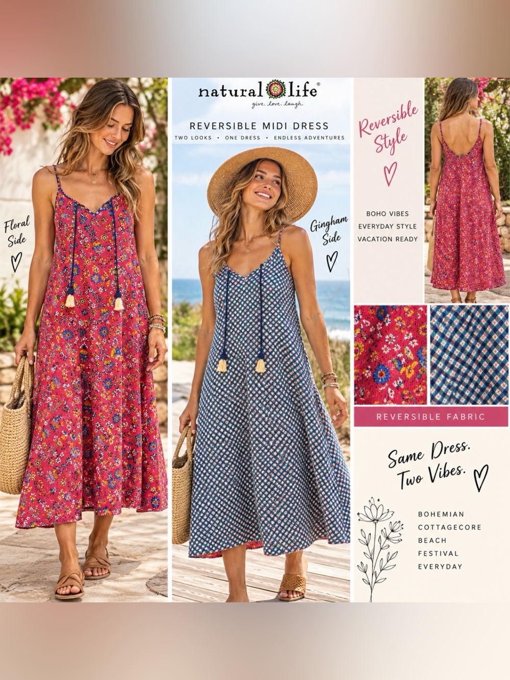 Natural Life Reversible Blue Gingham Midi Dress Women XL NEW Summer Bohemian